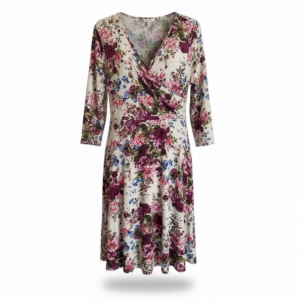 PinkBlush Floral Faux Wrap Dress XL Long Sleeve Midi Ivory Pink Purple